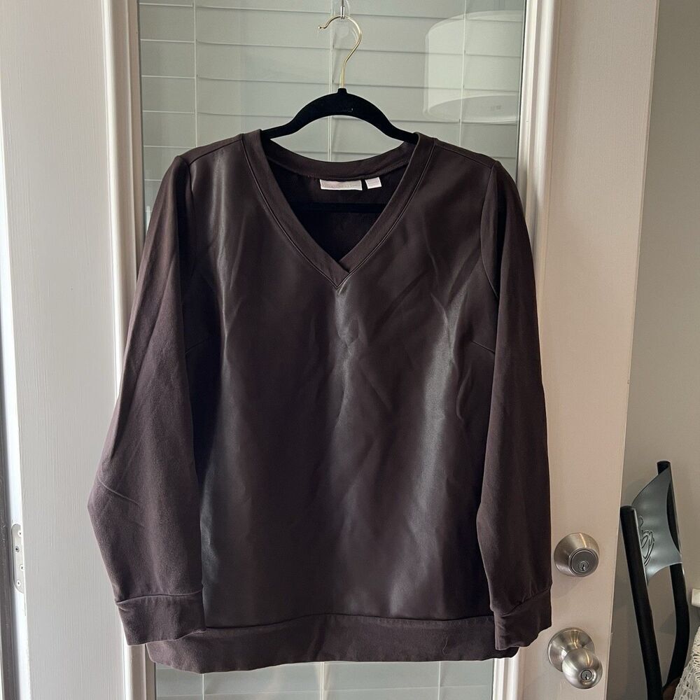 Belle Kim Gravel Faux Leather Blouse Medium Mixed Media